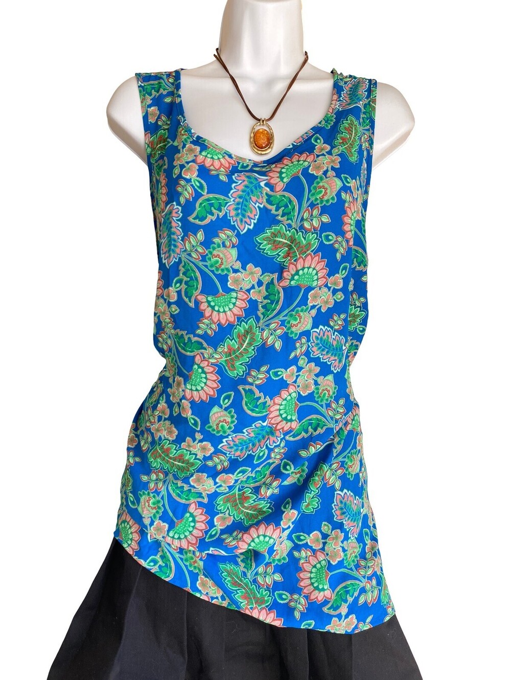 Vintage Rose Olive Plus XL Blue Floral Sleeveless Tunic Tank Blouse Boho Cottage